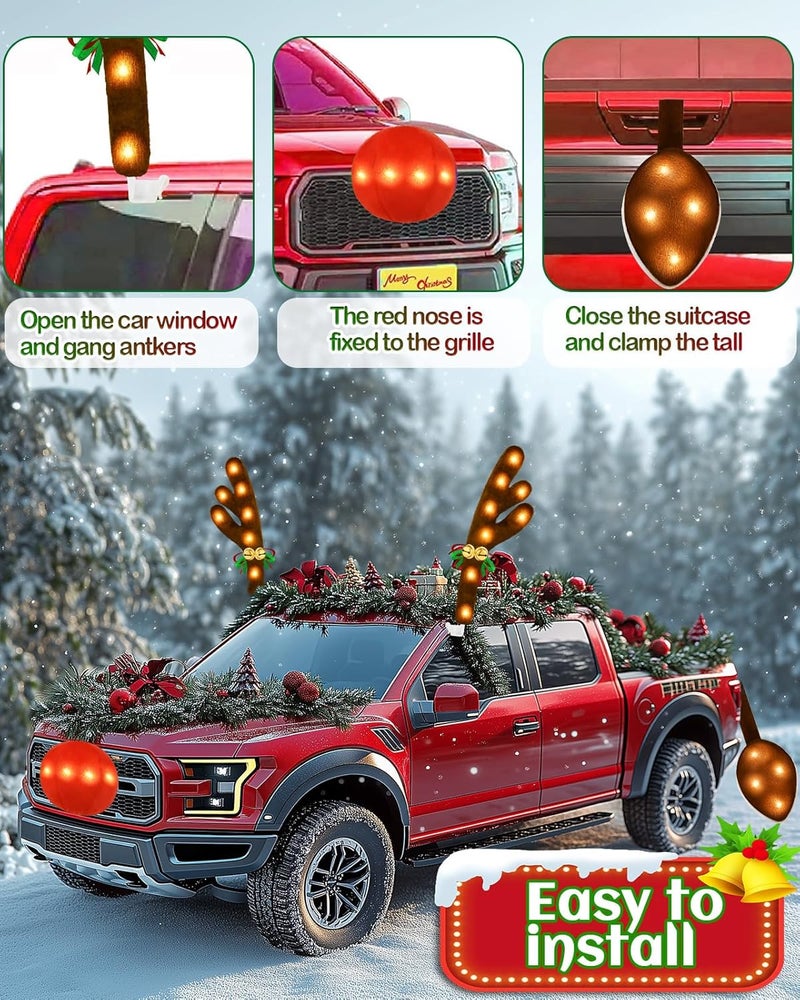 Dergo Christmas Reindeer Antlers Car Decoration Kit, LED Lights Nose Vehicle with Jingle Bells Rudolph, Auto Holiday Accessories for SUV Van Truck Decor Warm White - Image 4